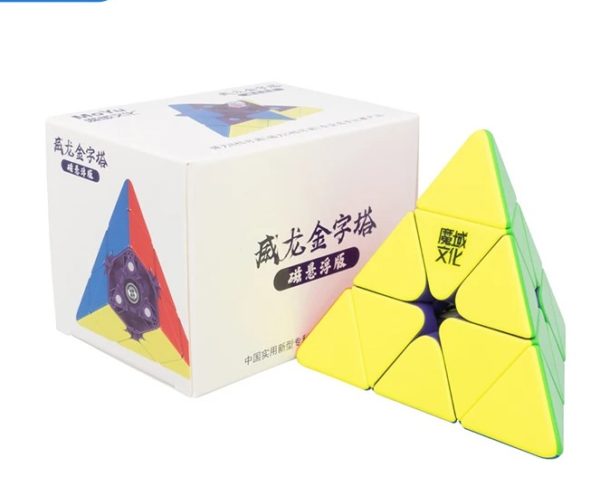 a triangular puzzle toy next to a box