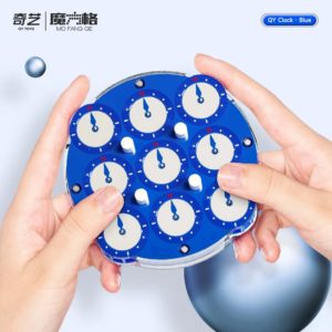 hands holding a blue and white circular object